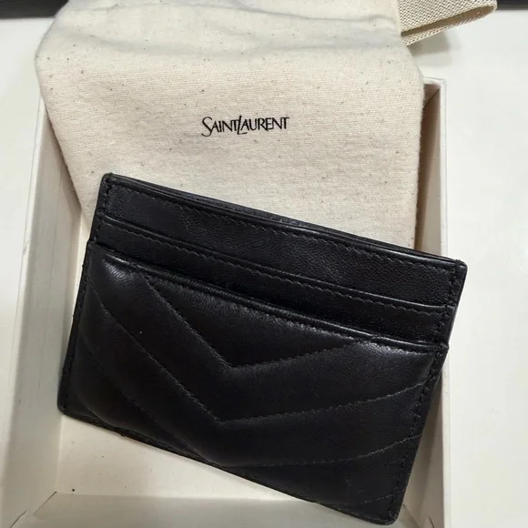 Saint Laurent Black Leather Card Slot with Gold YSL Emblem - Picture 3 of 5
